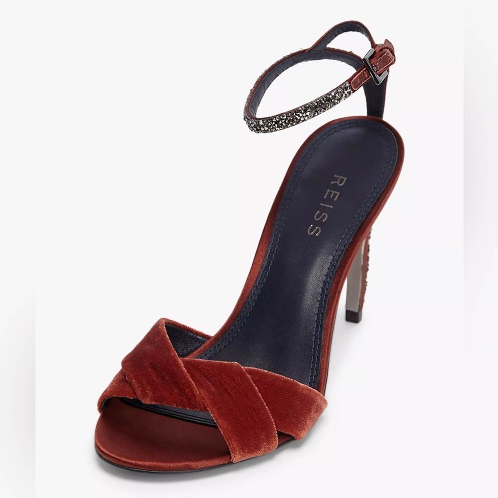 Reiss Hayden Velvet Stiletto Heel Sandals, Red Chestnut